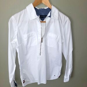 XS Tommy Hilfiger Casual White Shirt With French Blue Cuffs And Half Zip